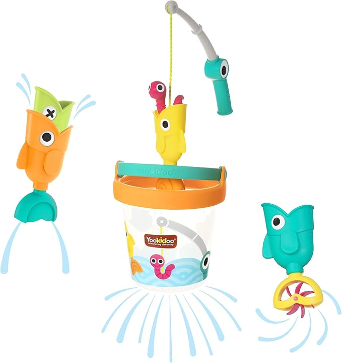 Yookidoo Fishing Set Bucket Bath Toys – Magnetic Fishing Rod, Wriggling Fish + 3 Floating Fish with 3 Unique Effects – Mold Free Catch ’N’ Sprinkle Bathtime & Pool Toy for Toddlers and Kids (Ages 2–6)