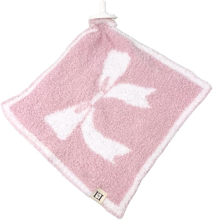 L+L USA Bow Baby Lovey Pacifier/Teether Holder 10"x10" - DreamSoft Plush Fluffy Cuddly Soothie Reversible Mini Comfort Blanket - Cute Girly Newborn Gift Essential for Babies Girls (Pink/White)