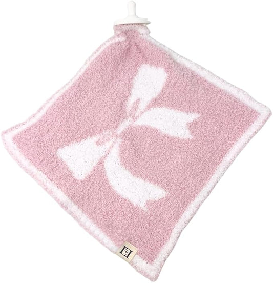 L+L USA Bow Baby Lovey Pacifier/Teether Holder 10"x10" - DreamSoft Plush Fluffy Cuddly Soothie Reversible Mini Comfort Blanket - Cute Girly Newborn Gift Essential for Babies Girls (Pink/White)