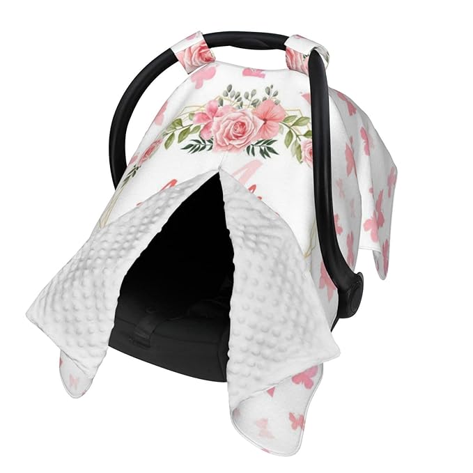 Customized Baby Car Seat Cover with Name, Personalised Butterfly Baby Carseat Canopy for Girls, Multi-use Nursing Breastfeeding Covers for Infant Newborn, Shower Gifts for Babies