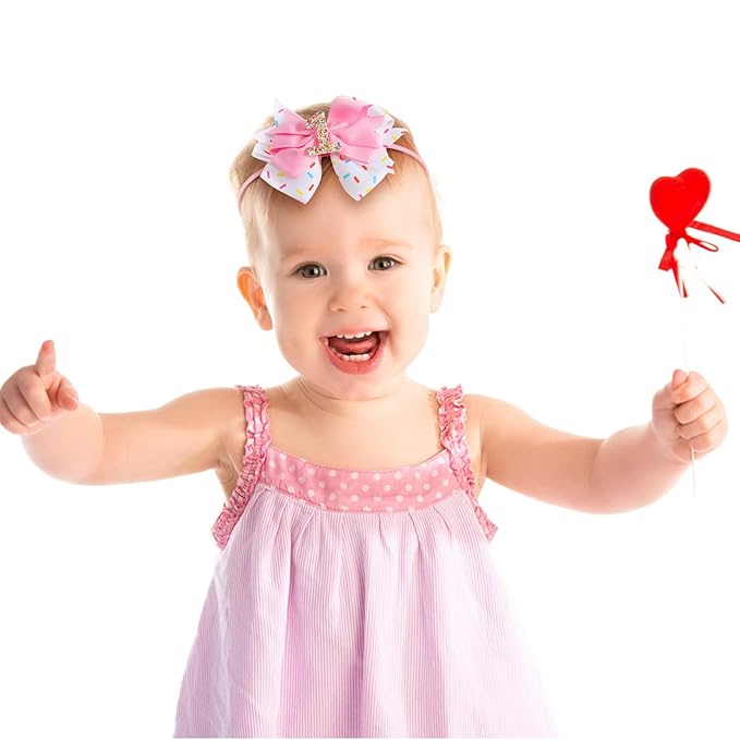 Birthday Hair Bow for Baby Girls 1 2 3 4 5 6 Years Sprinkle Decorations Confetti Ice Cream Party Pink Hair Accessories Headband for First 1st Birthday