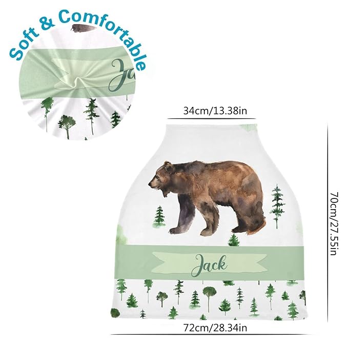 Personalized Baby Car Seat Cover for Boys Girls, Custom Nursing Covers for Breastfeeding with Name, Infant Stroller Cover, Baby Carseat Canopy for Newborn, Multiuse Car Seat Canopies, Woodland Bear