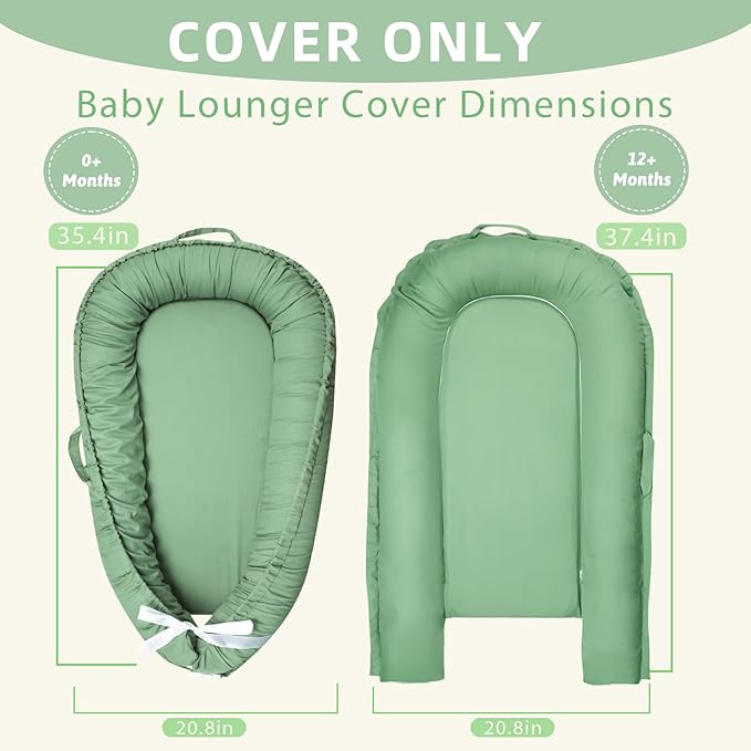 Hooyax Baby Lounger Cover Only, 100% Cotton Newborn Nest Cover, Soft Portable Baby Nest Replacement Cover for Boys Girls, Breathable Infant Lounger Covers, Baby Essential (Green)