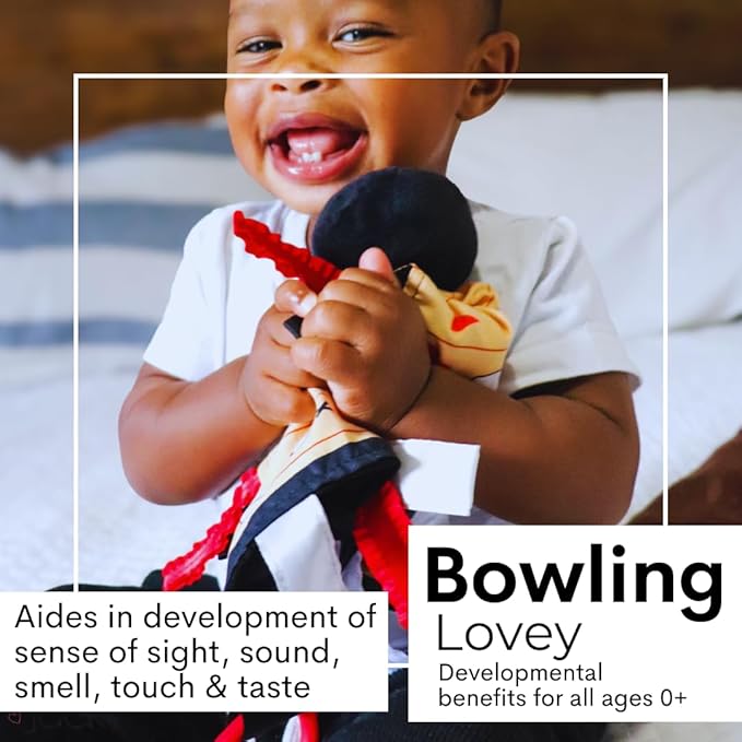 Baby Jack & Co 10x10 Bowling Sports Lovey Sensory Plush Blanket - Tag Toys for Babies - Baby Stroller Toys - Learn Shapes, Letters & Colors - Perfect MVP Baby Toy & Baby Sports Gift w/Stroller Clip