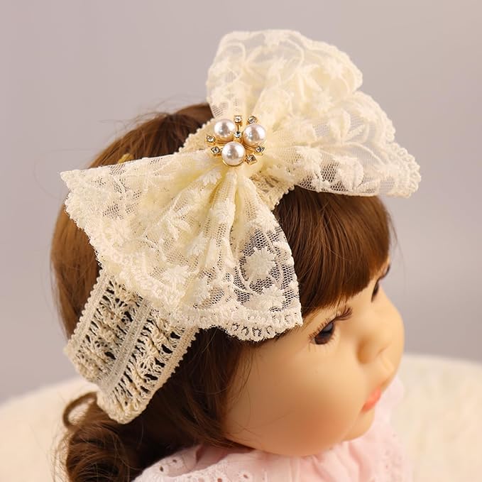 Lace Flower Bow-knot Baby Girls Headband Birthday Infant Wrap Elastic Baby Turban Hairband for Newborn Infant Toddler Kids (Ivory Pearl)