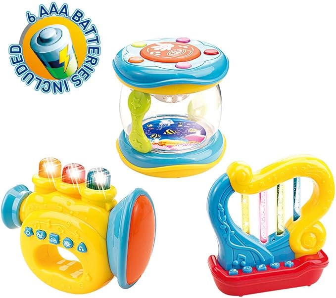 WEofferwhatYOUwant Baby Musical Instrument Set – 3 Piece Trumpet Drum Harp Bundle with Lights Songs Lullabies Interactive Play Modes Batteries Included BPA-Free Travel Ready Musical Gift for Toddlers
