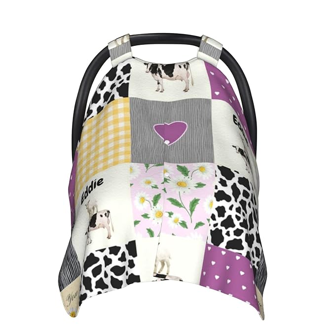 Personalized Farm Cow and Flower Plaid Baby Infant Car Seats Canopy for Babies with Name, Custom Multi-use Blankets for Baby Boys Girls, Peekaboo Minky Nursing Stroller Cover Canopies for Newborn