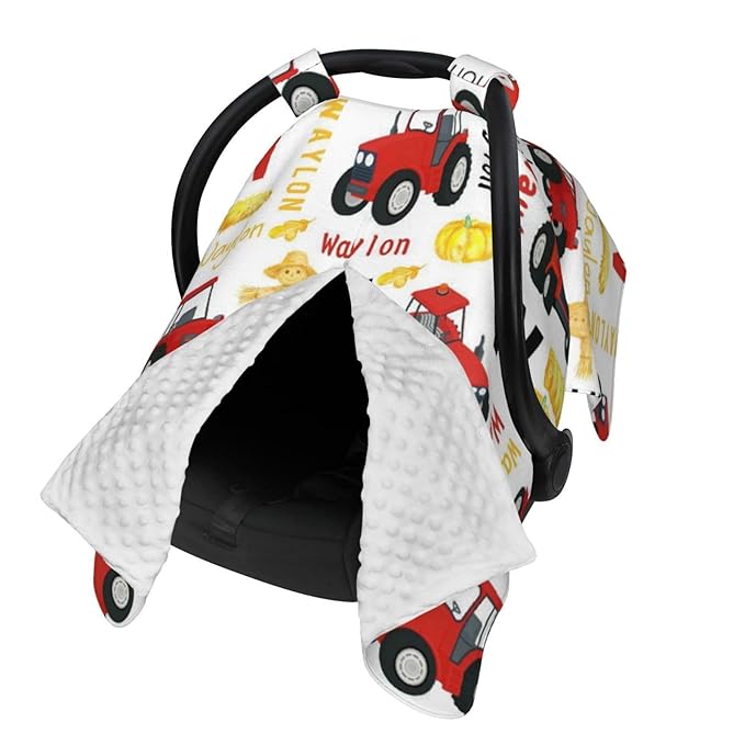 Personalized Red Tractor Baby Car Seat Cover for Boys, Custom Strollers Carseat Canopy with Name, Nursing Covers for Breastfeeding, Multiuse Car Seat Canopies for Newborn Infant