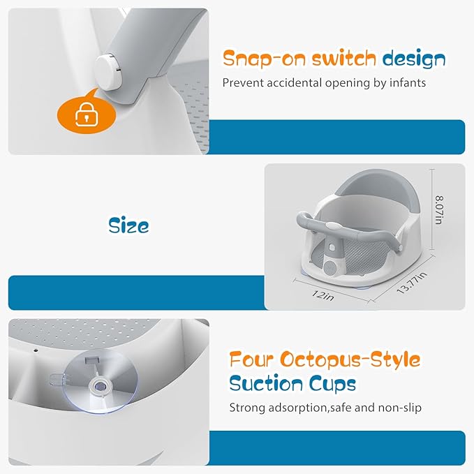 Baby Bath Seat for Babies 6 Months & Up Sitting Up, Non-Slip Baby Bath Chair with Suction Cup, Safe and Comfortable Portable Infant Bath Seat for Bathroom, Bathtub Tub, Easy to Clean (Grey)