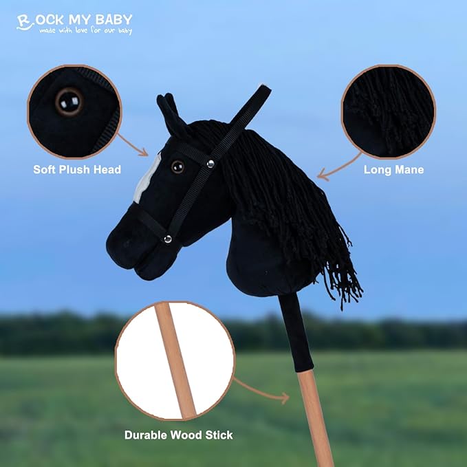 ROCK MY BABY Hobby Horse Plush Stuffed Stick Horse with Award Ribbon for Boys and Girls 3+ Fun Toys for Pretend Play (Black) CPC Certified