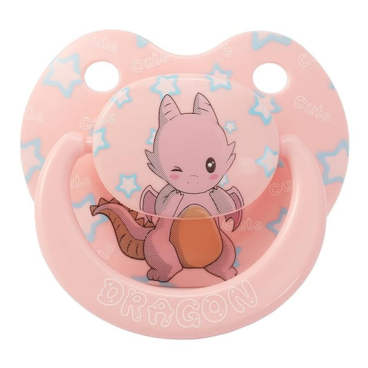 Cute Silicone Adult Pacifiers Pink: Big Shield Binky for Anxiety - Large Size Butterfly Shaped Paci with Handle Dragon Printed