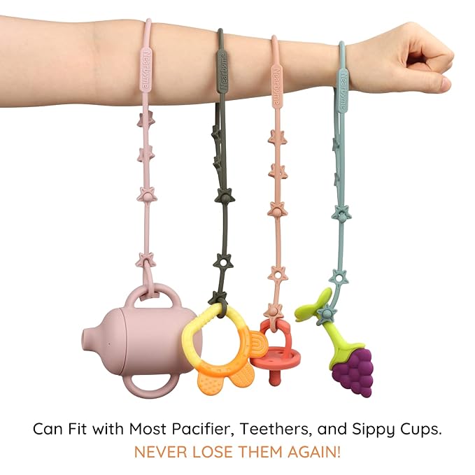 Toy Straps for Baby, 4 Pack Adjustable Stretchable Sippy Cup Straps, Sippy Bottles or Pacifier to Stroller, Highchair, Car Seat, Hanging Basket (4Pack, Sage/Ether/Blush/Muted)