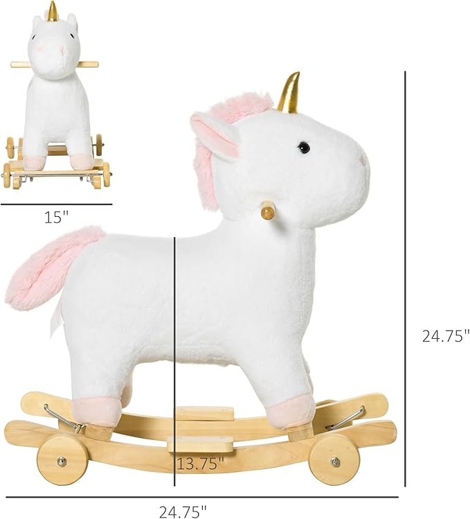 Qaba Rocking Horse, 2 in 1 Kids Ride on Horse, Rolling Unicorn Animal Rocker with Sound, Wooden Base, Pedal, Grip Handle, Plush Riding Pony for 3-6 Years Old, White