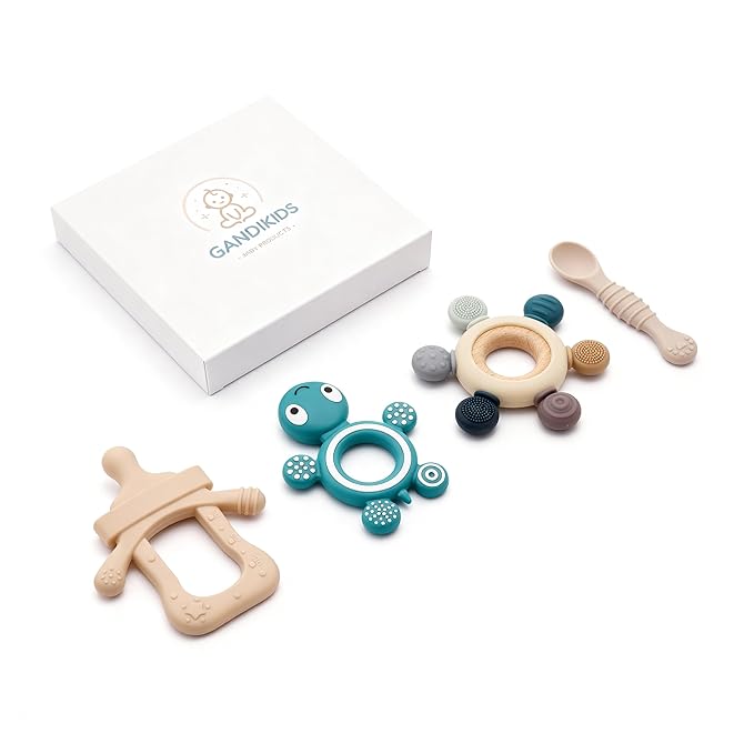 Baby Silicone Teething Ring Teether Gift Set for Boys and Girls Over 3 Months Soothes Gums Fits Small Hands Ergonomic Design Set of 4 Toys Ideal Gift Box BPA Free