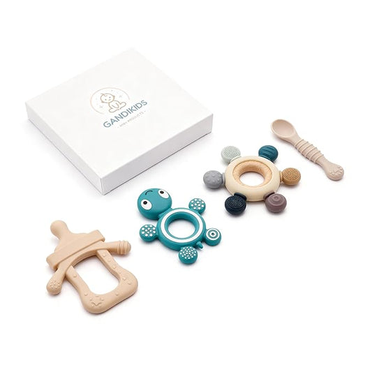 Baby Silicone Teething Ring Teether Gift Set for Boys and Girls Over 3 Months Soothes Gums Fits Small Hands Ergonomic Design Set of 4 Toys Ideal Gift Box BPA Free