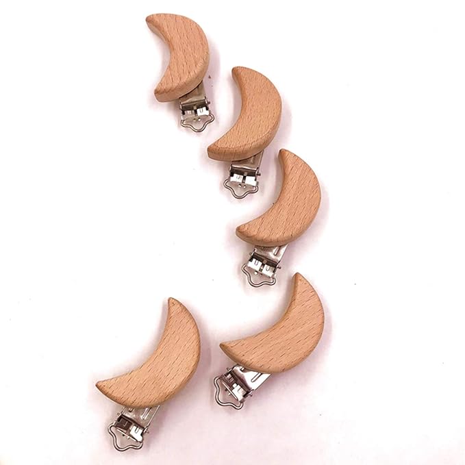 20pcs Natural Wood Suspender Pacifier Clips Cute Beech Wooden Animal Moon Shape Clips Charm DIY Beading Pacifier Chain Accessory