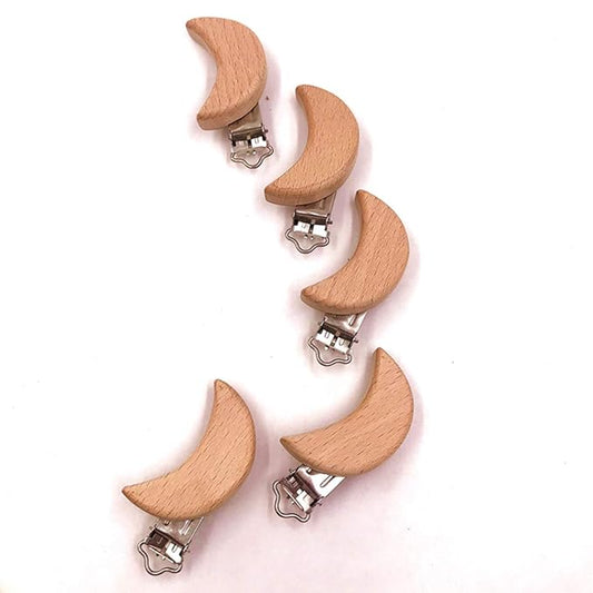20pcs Natural Wood Suspender Pacifier Clips Cute Beech Wooden Animal Moon Shape Clips Charm DIY Beading Pacifier Chain Accessory