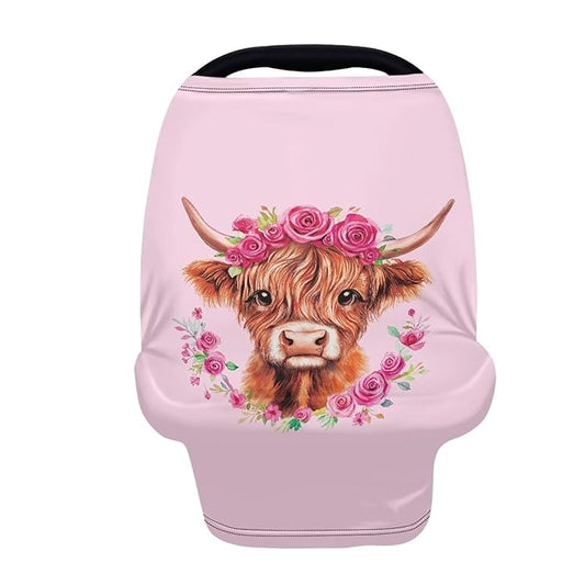 Wanyint Baby Car Seat Cover Stretchy Carseat Canopy Baby Breastfeeding Stroller High Chair Shopping Cart Cover Infant Nursing Scarf for Valentine's Day, Highland Cow Rose Floral