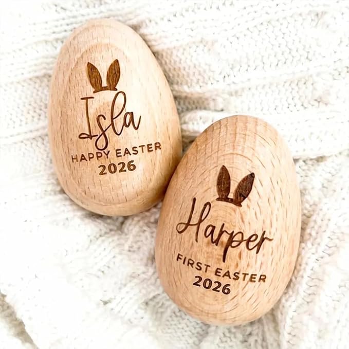 Personalized Musical Easter Egg Shaker 2026, Large Wooden Easter Eggs, First Easter Gifts for Baby, Easter Gift for Kids, Birthday Gift Idea (2" x 3.14")