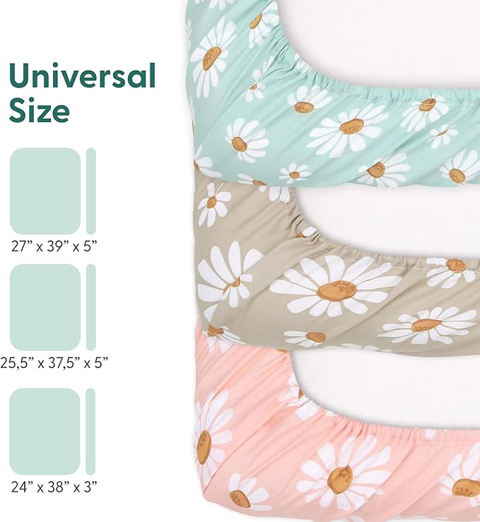 The Peanutshell 3-Pack Fitted Playard Sheets - Soft & Breathable Baby Girl Mini Crib Sheets, Pack N Play Mattress, Fits Standard Playard Pack Play Mattresses - Daisy Dreams