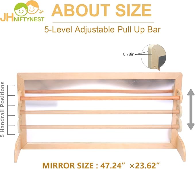 Infant Coordination Mirror Montessori Safety Pull up Bar Baby Mirror Acrylic Non-Glass Early Learning to Walk Mirror Upgrade Dual-Use with Base 47.24”