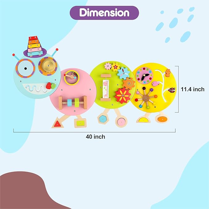 Caterpillar Activity Wall Busy Board for Kids:12 in 1 Sensory Wall Panel for Toddler,Wooden Montessori Educational Toys for Playroom Daycare Nursery Classroom
