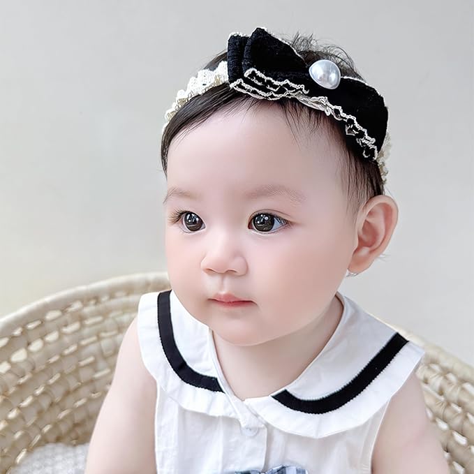 Bow Lace Headbands for Baby Girls Soft Tulle Ribbon Pearl Head Wrap Elastic Bow-knot Hair Band Shower Birthday Hair Accessory for Newborn Infant Toddler (Black A, Elastic)