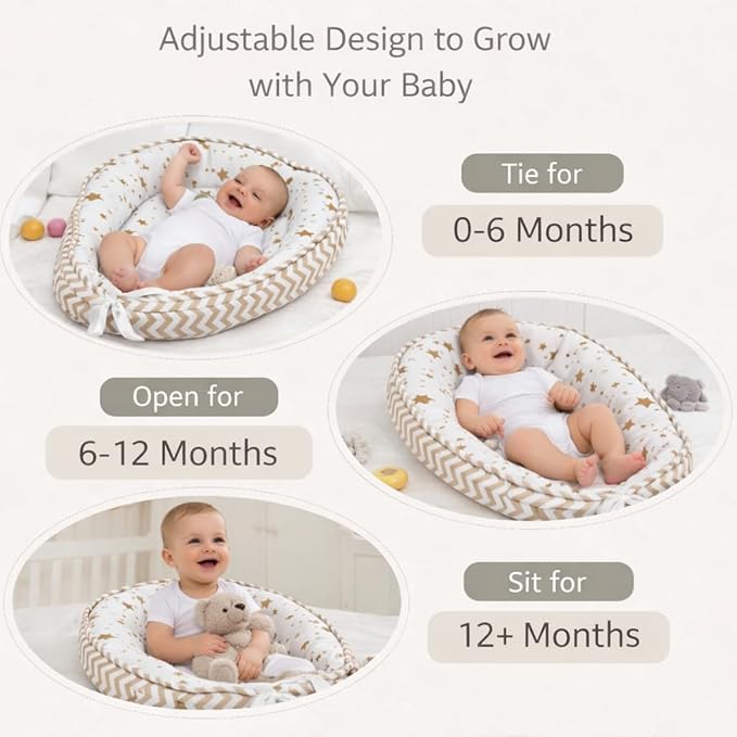 Aila + Aiden Baby Lounger | Organic Cotton Infant Lounger | Reversible, Adjustable & Portable Floor Lounger |Supervised Use | Soft, Breathable, Washable Cover - Star Collection (White/Tan)