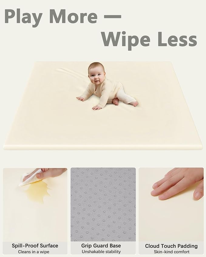 Vegan Leather Baby Play Mat Cover, 50x50 Inch, Waterproof Stylish and Just Wipe-Clean Playmat for Baby Play on Floor (Beige)