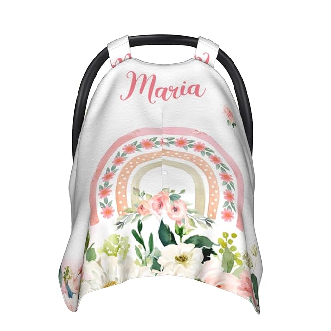Personalized Baby Car Seat Canopy for Babies, Custom Name Car Seat Covers for Baby Girl, Floral Rainbow Opening Minky Nursing Breastfeeding Cover for Infant, Carseat Canopies for Newborn