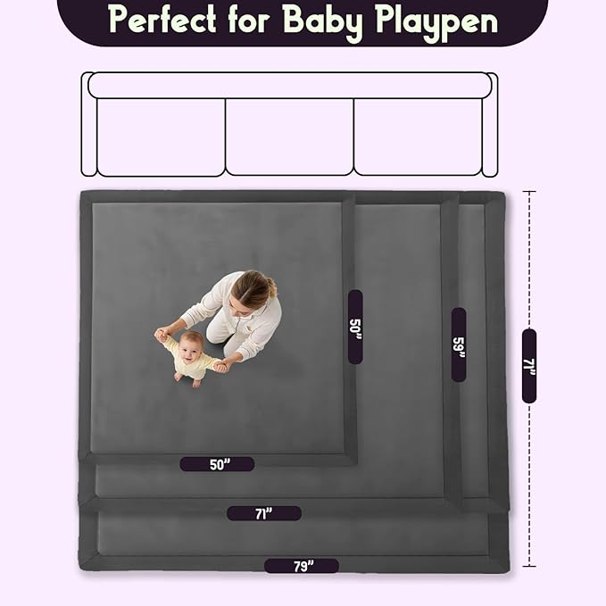 Baby Play Mat for Floor, 1.3 Inch Thick Memory Foam Tummy Time Mat with Non Slip Backing, Soft Coral Velvet 59X71 Inch Playpen Mat Crawling Tatami for Infants Toddlers Kids, Dark Gray