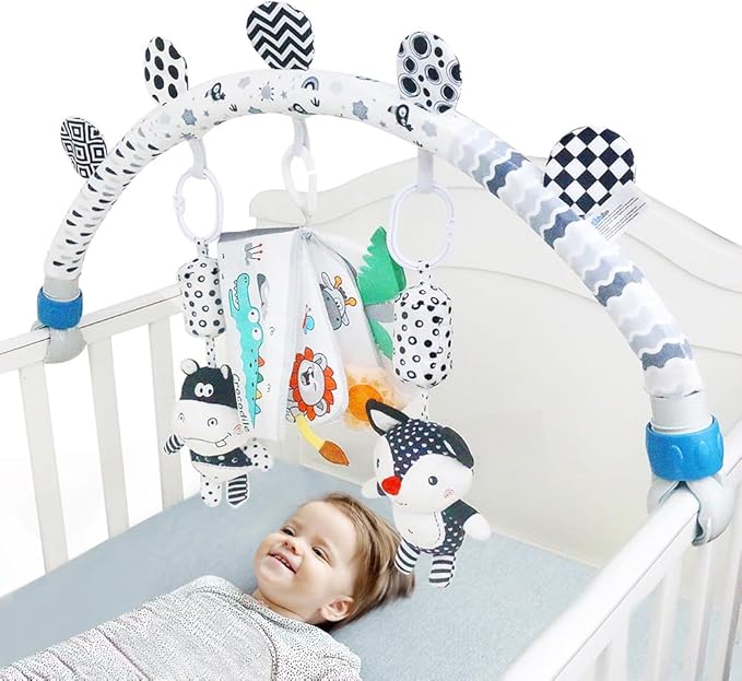 Baby Activity Travel Mobile Arch Bassinet Toy, Black and White High-Contrast Bouncer Toy bar, Crib Toys with Hanging Animals, Stroller Attachment(Farm)