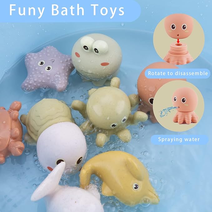 AMCHSURI Mold-Free Ocean Animal Bath Toys 10 Pack | Sensory Water Play Toys for Babies 6-18M & Toddlers 1-3Y | Safe Bathtub Pool Float Toys | Baby Shower, Birthday