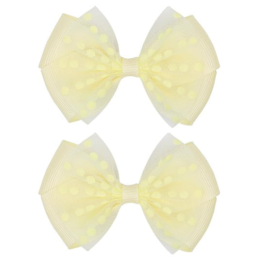 Tiny 3 Inch Dot Organza Double Hair Bow Clips - Cute Lined Boutique Alligator Hairpin for Girls, Toddlers, and Little Teens - Kids Barrettes Set of 2 Small Stylish (Yellow)