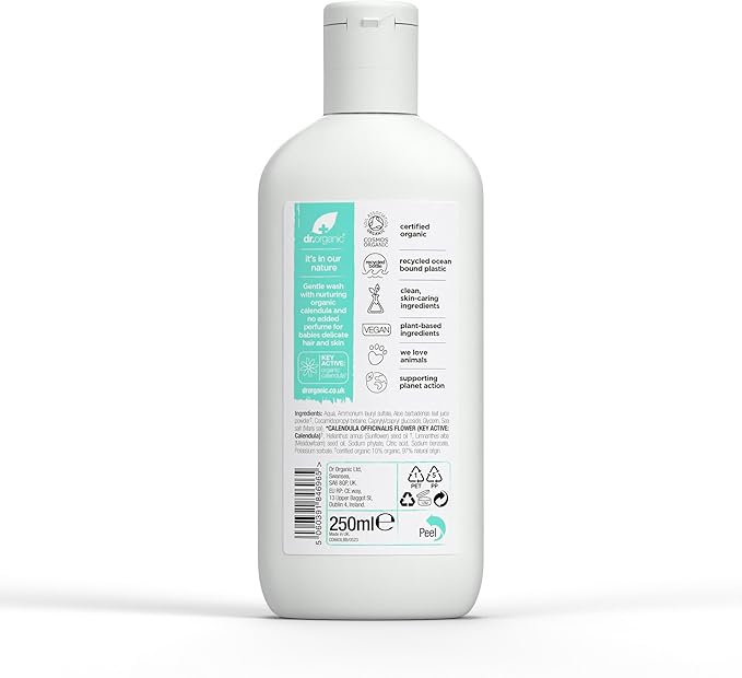 Dr Organic Calendula Baby Wash, Fragrance Free, Gentle Cleansing, Sensitive Skin, Natural, Vegan, Cruelty-Free, Paraben & SLS-Free, Organic, 250ml