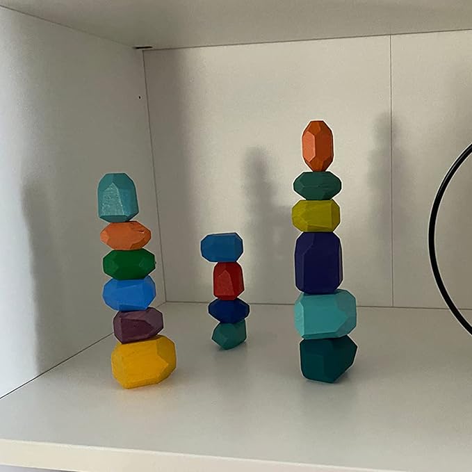 Cllayees 16 Pcs Wooden Stacking Blocks Rocks Building Toys, Colored Solid Wood Stones Pre-School Educational Games Creative Toys for Kids Toddlers