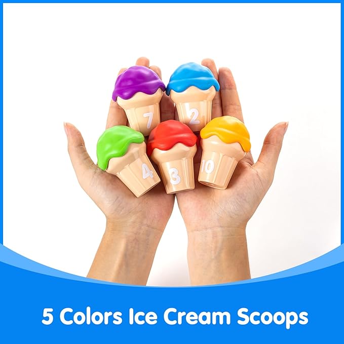 Ice Cream Counting Cones 1-10 – Number Matching Toy for Toddlers – 10 Cones + 10 Stacking Scoops, Educational Preschool Learning