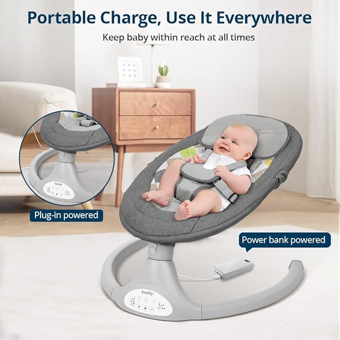 Bioby Baby Swing for Infants with 5 Natural Sway Speeds, Portable Bt Music Swing with Remote Control & 5-Point Harness, Lightweight Baby Rocker for 5-20 Lb,0-12 Months Grey