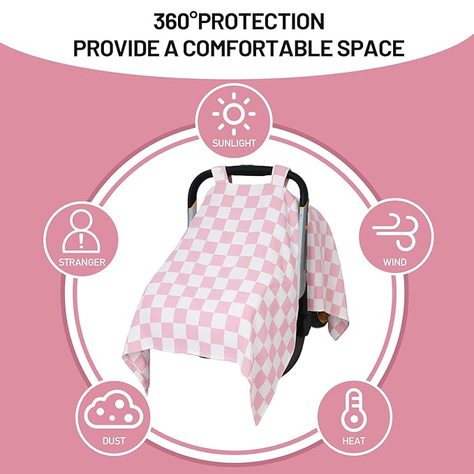 Muslin Car Seat Cover for Babies - Pink & White Plaid Infant Carrier Canopy, Soft & Breathable Baby Carseat Cover, Lightweight Sunshade for Summer, Universal Fit for Boys & Girls