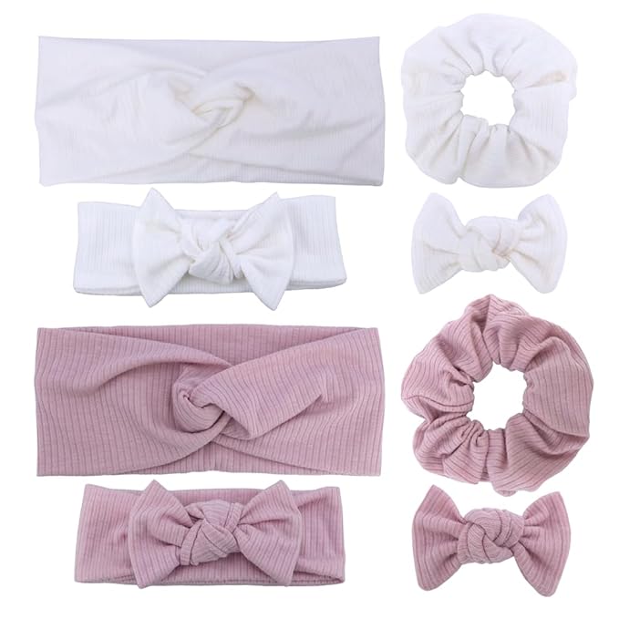 Sugarmelon Mommy and Me Headband Set Mother Baby Matching Turban Headbands for Toddler Baby Girls Women Scrunchies Hair Bow Hairbands (Dusty Pink/Snow)