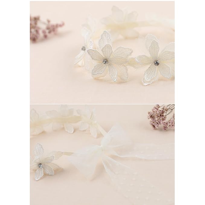 Baby Girls Flower Headbands Cute Kids Christening Headband Soft Lace Hairbands Floral Crown Newborn Infant Toddlers Hair Accessories for Birthday Party Photography(White Rhinestones Pearl)