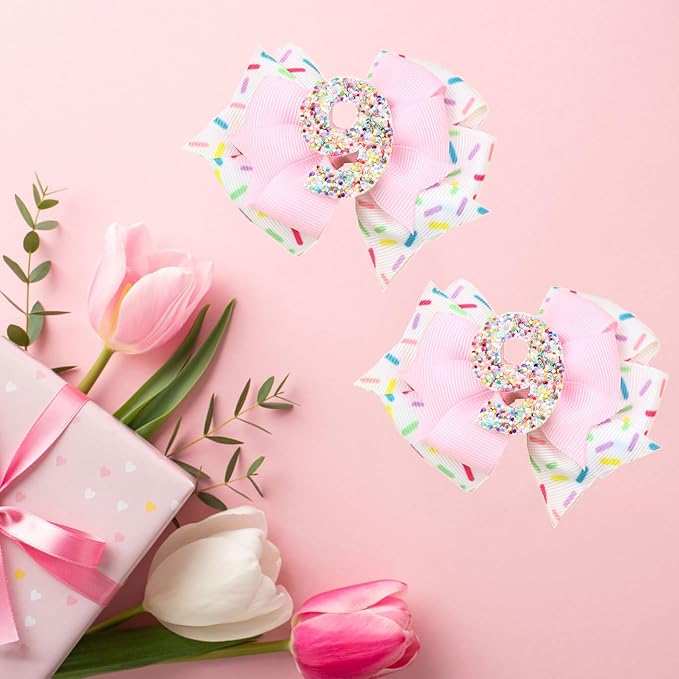Birthday Hair Bow for Baby Girls - 2Pcs Pink Sprinkle Hair Clips for 9th Birthday Glitter Ice Cream Baby Bow Party Decorations for Girls Toddlers Hair Accessories (Pink-9 Years-Clips)