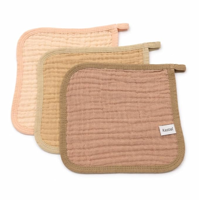 Baby Washcloths, 3-Pack, 100% Cotton Soft Absorbent, 6-Layer Muslin Wash Cloths and Face Towels, Baby Bath Essentials for Newborns, Babies and Toddlers, 8x8 inches (Soft)