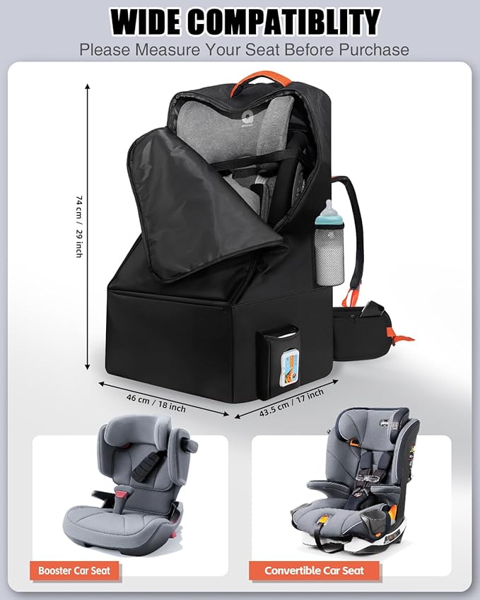 Padded Car Seat Travel Bag for Airplane, Heavy-Duty & Waterproof Car Seat Backpack for Air Travel, Fits Most Baby Car Seats, Boosters & Carriers with Airtag Compatible - Black