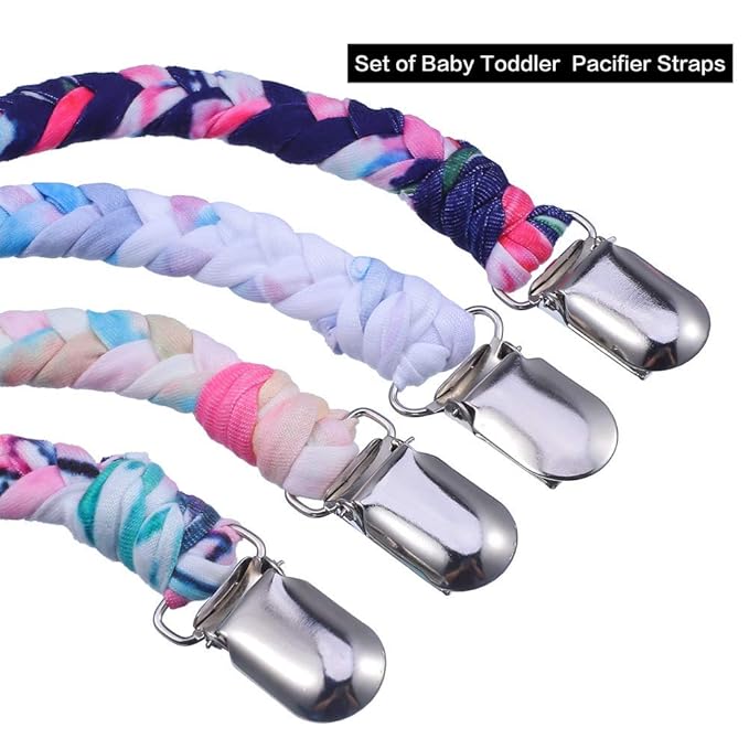 4 Pieces Pacifier Clips for Infant Boys and Girls Universal Pacifier Holder Hand-Made Braided Soothie Leash for All Pacifiers Teething Drool Bibs (Gray, Yellow, White, Blue)