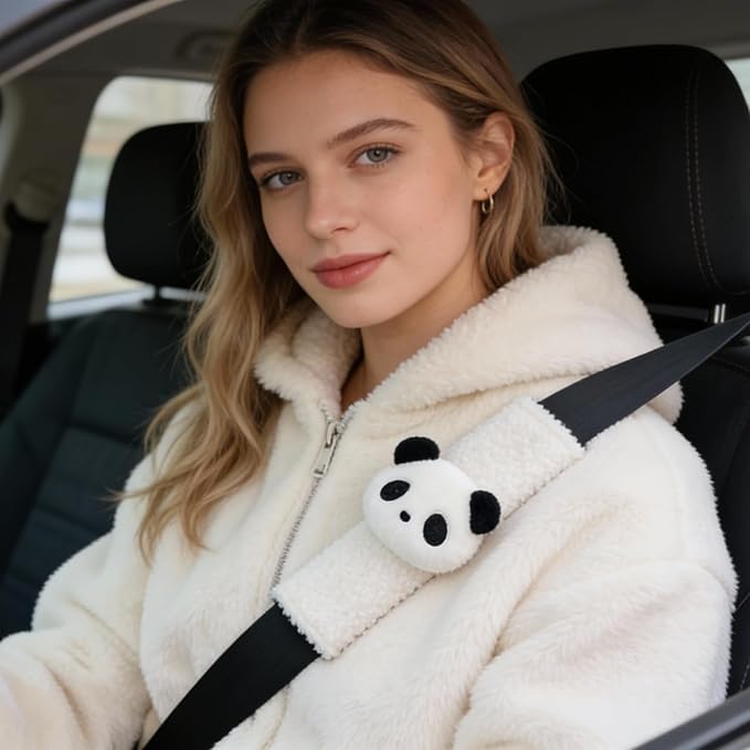 2 PCS Seat Belt Cover Pad, Cute Kawaii Animal Panda Seatbelt Covers for Kids and Adults, Winter Plush Fluffy Soft Seat Belt Cover, Cartoon Seatbelt Cushion,Car Seat Strap Pads (G-Panda)