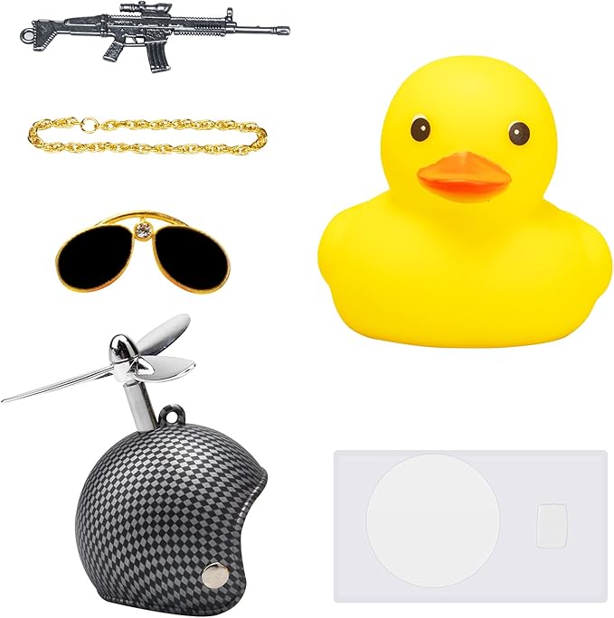 wonuu Rubber Duck Car Ornaments Cool Yellow Duck Car Dashboard Decorations Squeaky Glasses Duck with Propeller Helmet for Car ccessories Dashboard (Y-Black and White Grid)