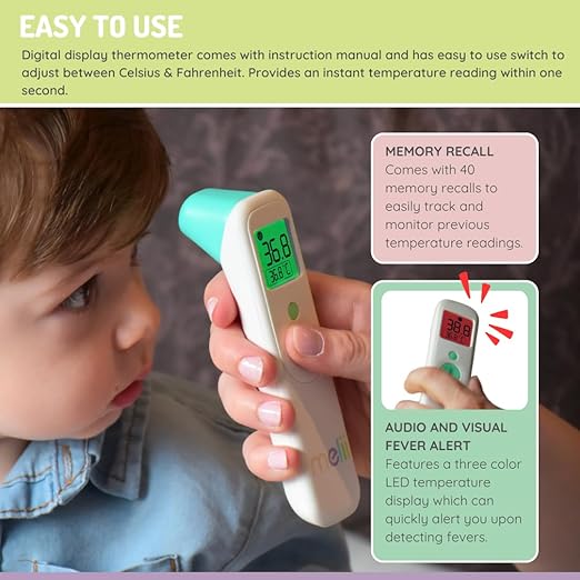 melii Ear & Forehead Infrared Thermometer with Digital Display, Fever Alert and 40 Memory Recall Temperatures, Safe for Babies, Toddlers, Kids & Adults