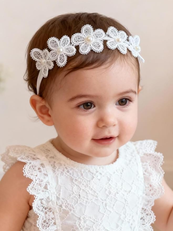 Baby Girls Hairband White Bow Lace Headbands Handmade Soft Stretchy Wide Head Band Newborn Hairbands with Bows Pearls Elastic Headband for Infant Hair Accessories（White Lace Flowers）