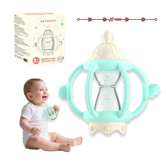 Teething Rattles for Babies 0-6 Months 6-12 months, Silicone Rattle Teether with Pacifier, Baby Montessori Toys 6-18 Months, Infant & Toddler Molar Teething Relief, Boys Girls Essential Gifts (Mint)